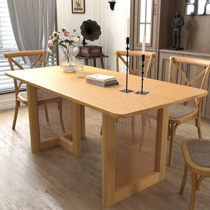 Farmhouse Kitchen Dining Room Table Furniture Square Kitchen Table with Rattan Woven Legs for Kitchen Bar Living Room