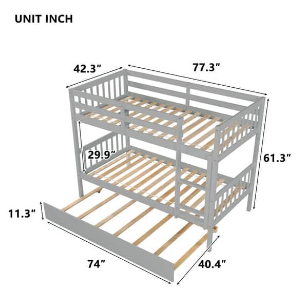 Twin Over Twin Bunk Beds with Trundle, Convertible into 2 Beds, Grey