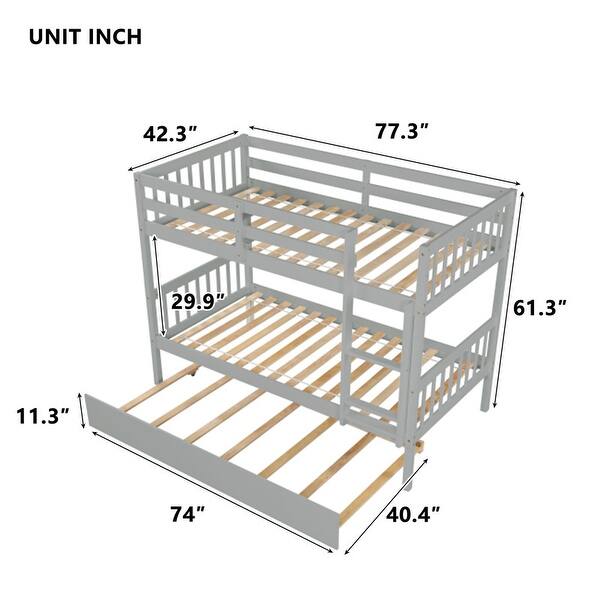 Twin Over Twin Rubber Wood Bunk Bed with Trundle, Convertible into 2 Twin Size Beds-Grey