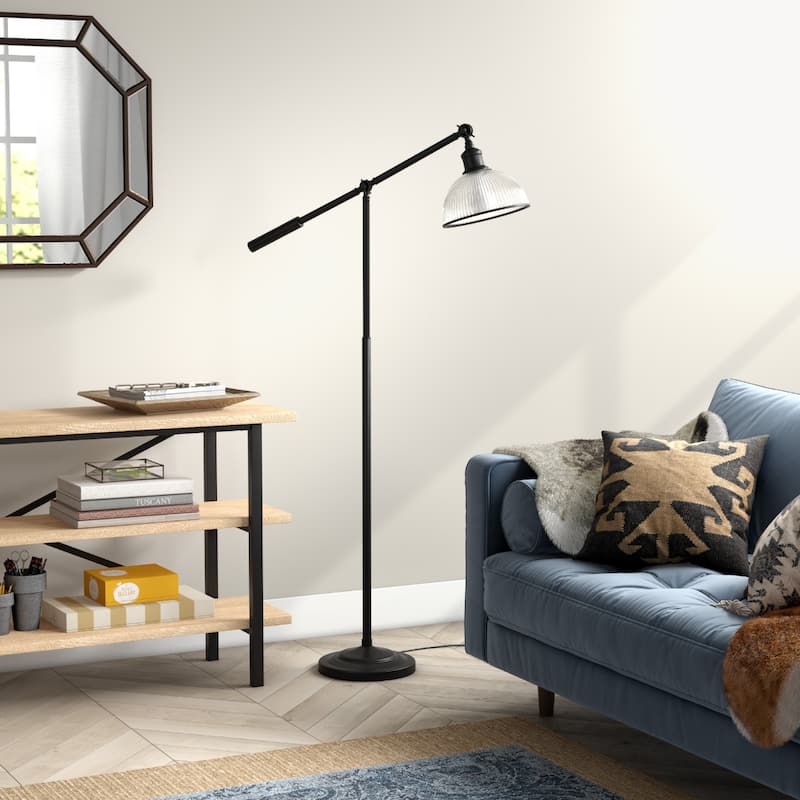 58 Inch Black Swing Arm Floor Lamp with Adjustable Glass Dome Shade - 11" x 32" x 58"