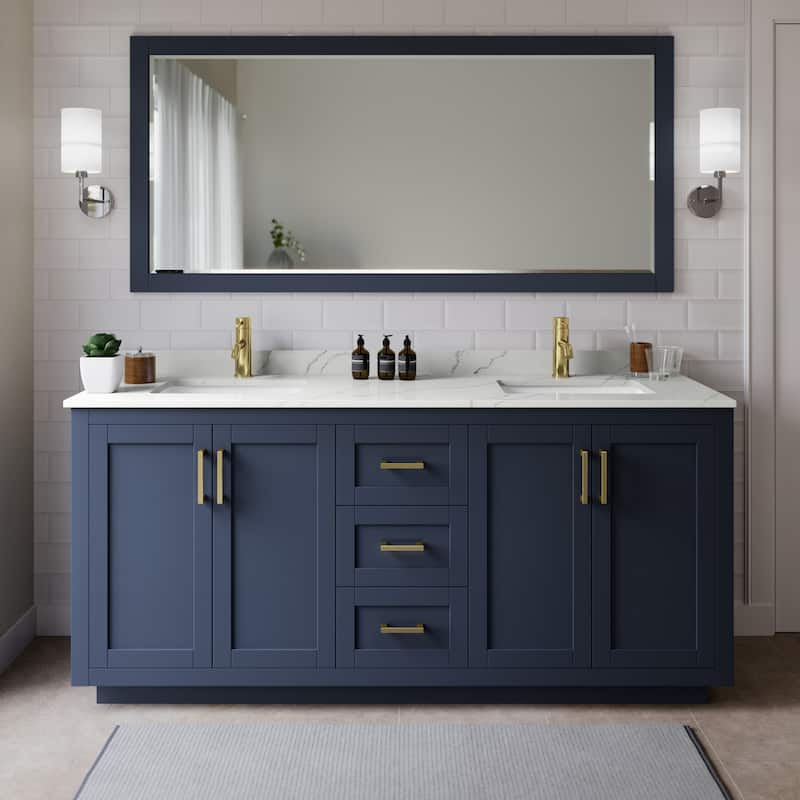 Wyndham Collection WCF292972D-QTZ-UNSMXX Miranda 72" Free Standing - Dark Blue / Giotto Quartz Top / Brushed Gold