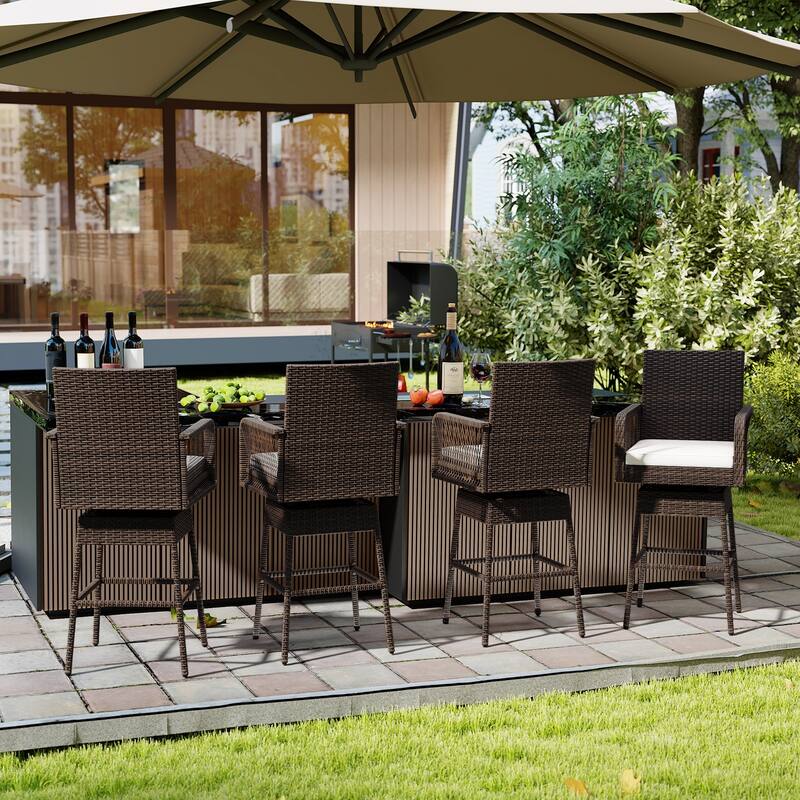29-Inch Mix Brown Rattan Bar Height Swivel Stool with Comfortable Cushion for Outdoor Use - 22" x 22" x 46.5"