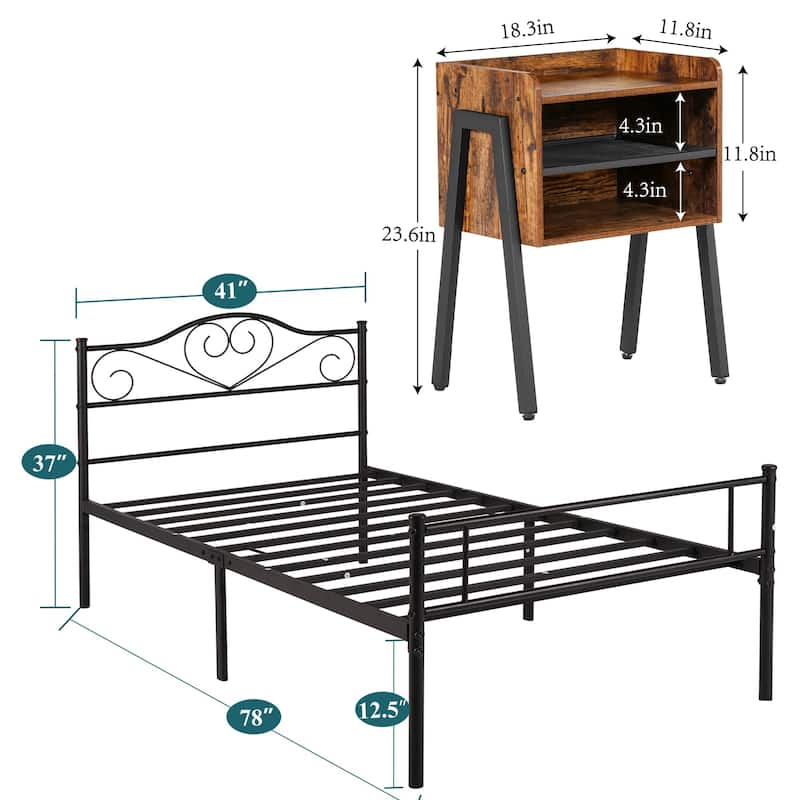 3-Pieces Bedroom Set with Black Platform Bed Frame and Nightstands Set of 2 - Twin