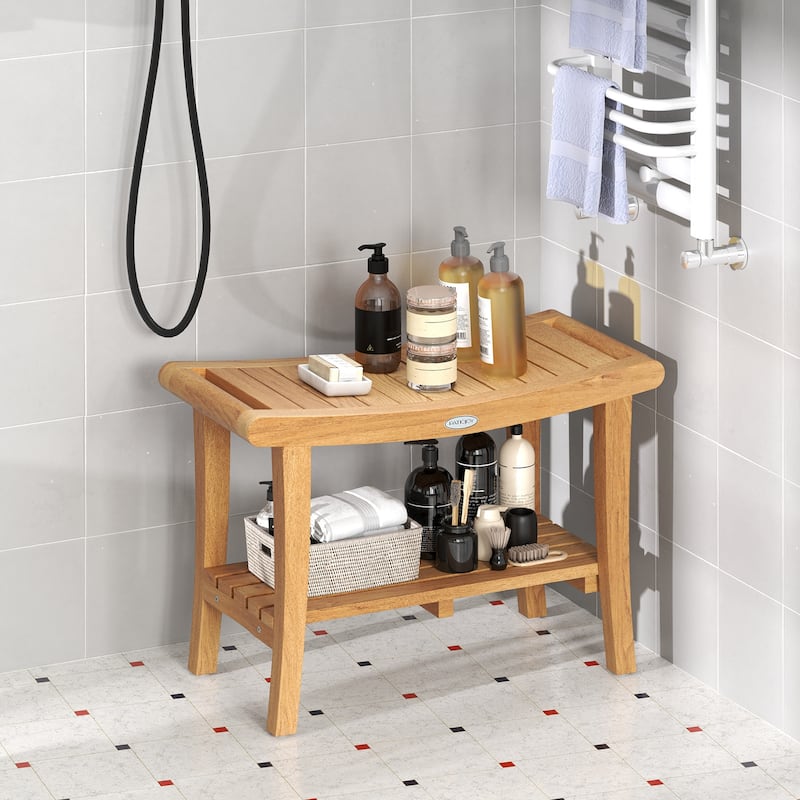 Gymax 30'' Large Teak Shower Stool w/ Storage Shelf Non-slip &