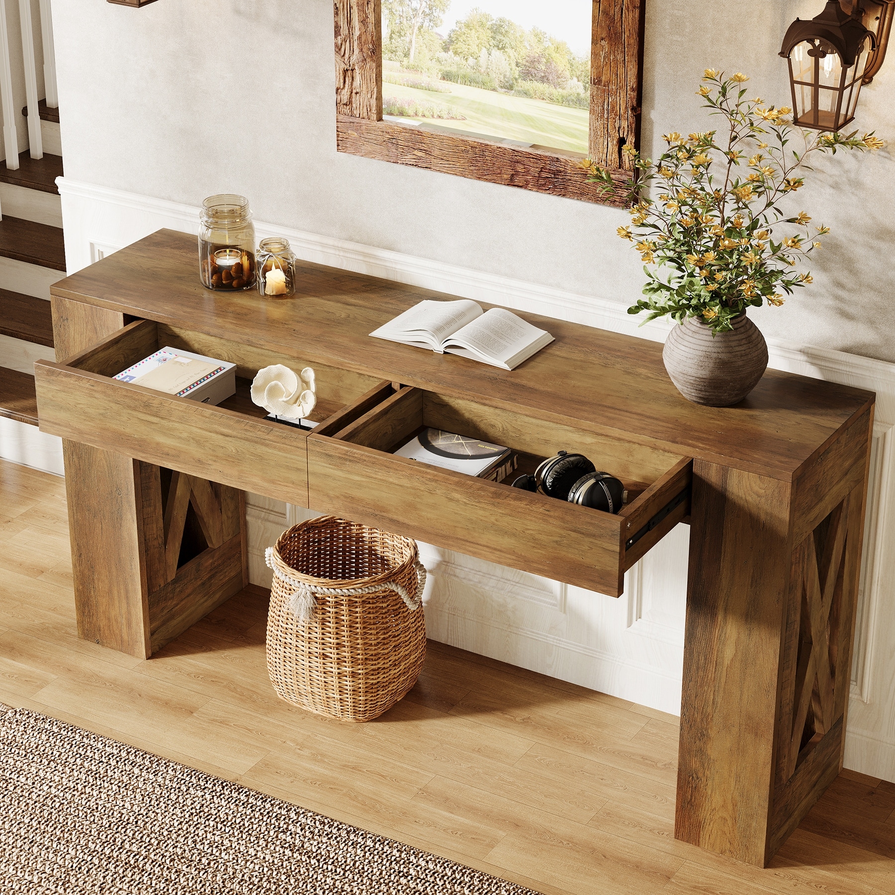 63-Inch Long Console Table, Entryway Table with 2 Drawers, Sofa Table Behind Couch for Entrance, Hallway, Living Room