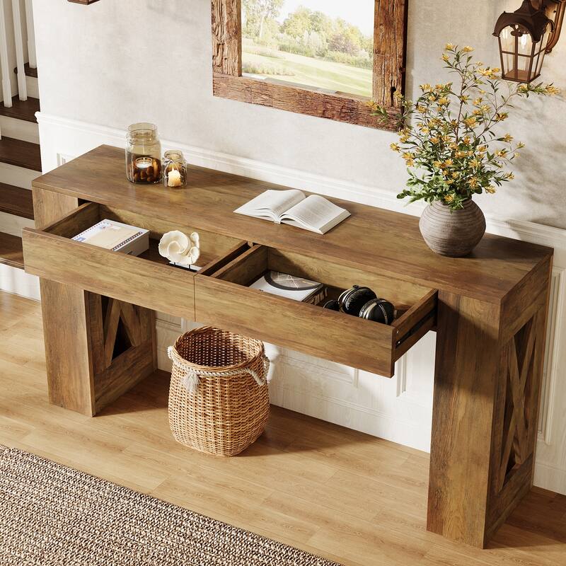 63-Inch Long Farmhouse Console Table with 2 Drawers for Entryway