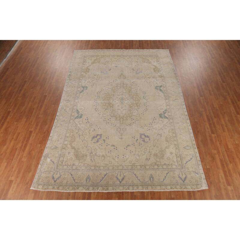 Beige Tabriz Persian Vintage Area Rug Handmade Wool Carpet - 9'1"x 13'2"