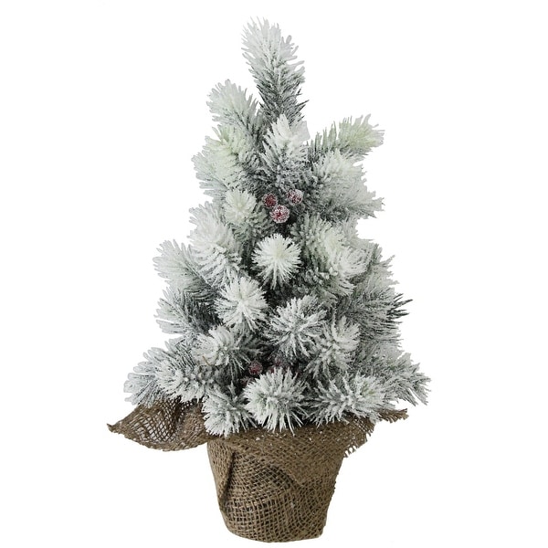15" Flocked Mini Pine Christmas Tree with Berries in Burlap Covered Vase
