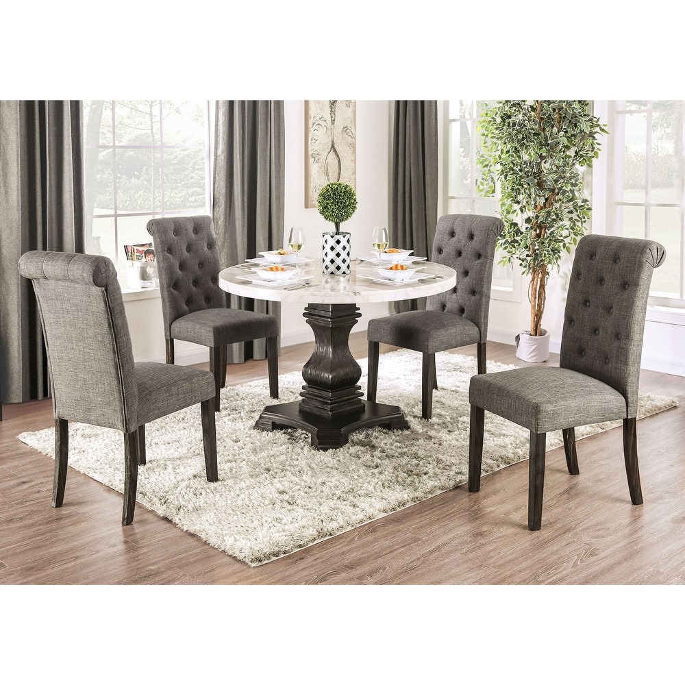 Brec Farmhouse Marble Top 5-Piece Round Dining Table Set with Tufted Chairs by Furniture of America
