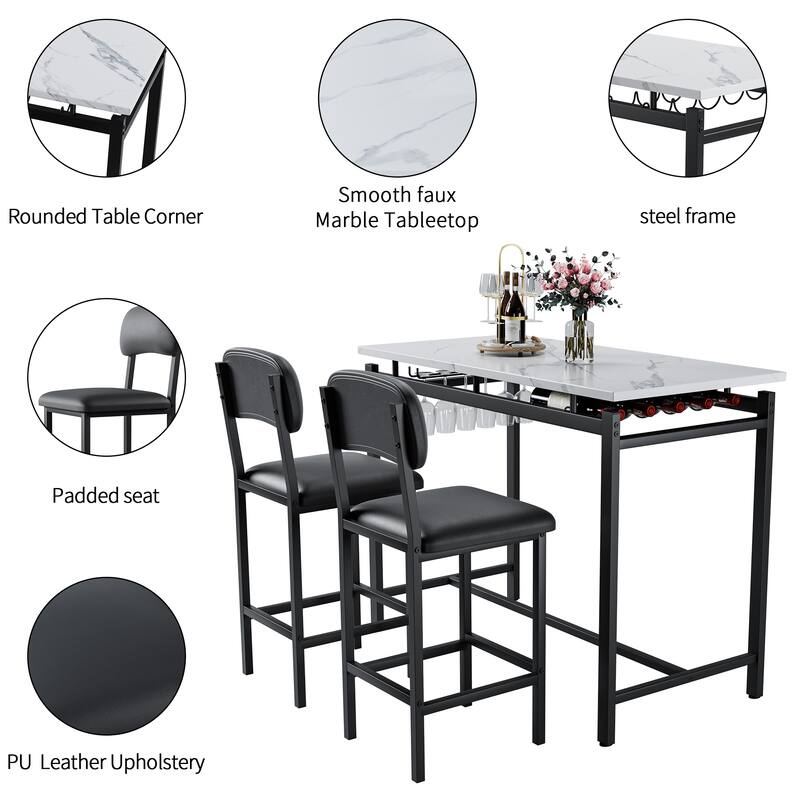 Kitchen Dining Table Chair Set, 3 Piece Counter Height Table Set with Storage Shelves and 2 Upholstered Chairs