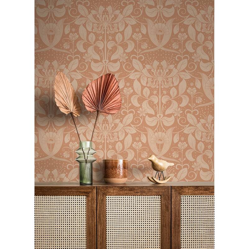 A-Street Prints Berit Coral Floral Crest Wallpaper