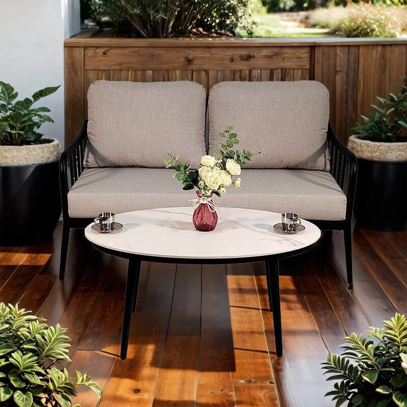 2-Piece Ember Black Aluminum Patio Conversation Set with Gray Cushions and Stone Coffee Table - Ember Black
