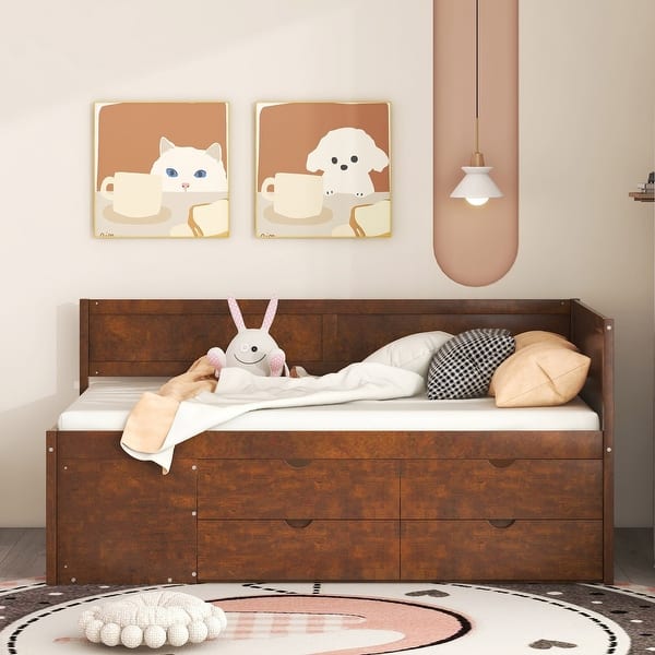 slide 2 of 65, Daybed Slat Support Platform Bed Frame Captain Bed L-Shaped Guardrail Mattress Foundation with 4 Drawers and Shelves Walnut - Twin