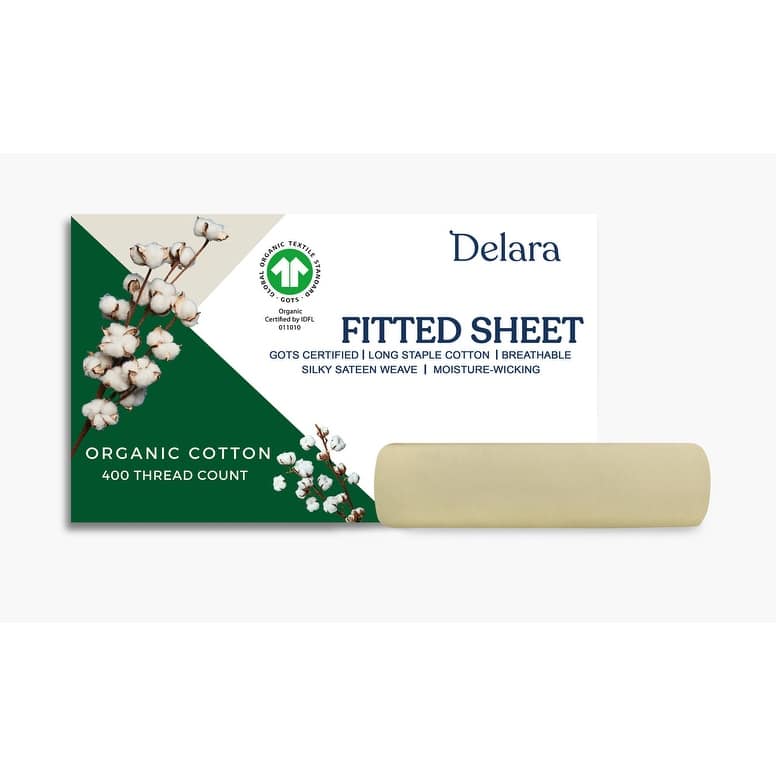 Delara GOTS Certified 100% Organic Cotton Fitted Sheet, 400TC Long Staple Cotton, Moisture-Wicking, Smooth & Breathable