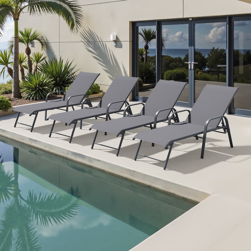 Outdoor Patio Lounger Aluminum Adjustable Chaise Lounge Chairs with Arms (Set of 2/4) - See Picture - Grey, 4PC