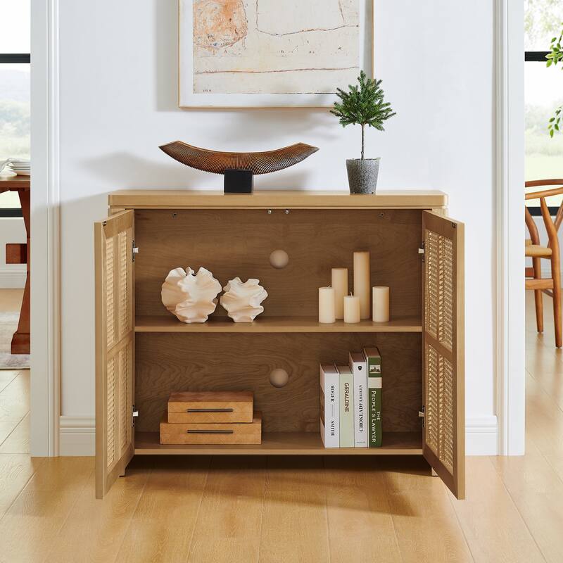 39.4" Mid Century Modern Rattan Sideboard Buffet Cabinet with 2 Outlet Holes, Coffee Bar Wine Bar Credenza,Storage Cabinet