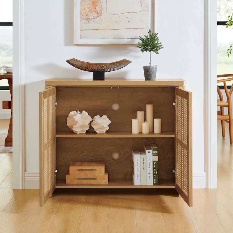 Roomfitters Rattan Sideboard Buffet Cabinet, Mid Century Modern Coffee Bar Wine Bar Storage Console