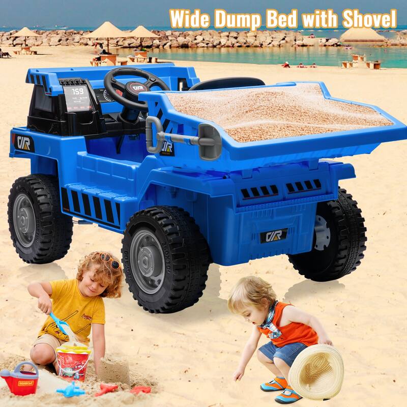 12V Electric Kids Ride-on Dump Truck Toy Car with Dumping Bed, Shovel