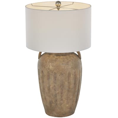 Ceramic Distressed Antique Style Pot Vase Room Table Lamp with Cream Linen Shade - Brown, Black, Cream - Roche River Decor