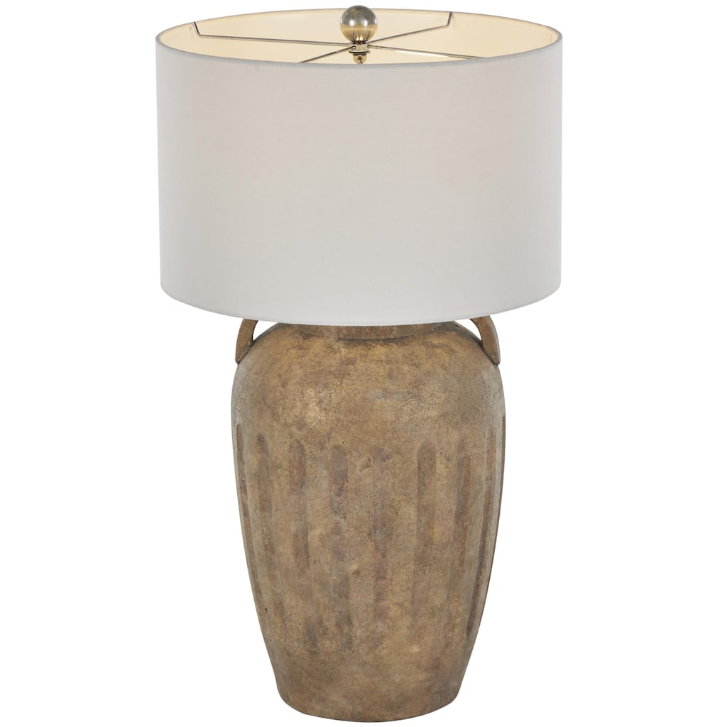 Ceramic Distressed Antique Style Pot Vase Room Table Lamp with Cream Linen Shade - Brown, Black, Cream - Roche River Decor