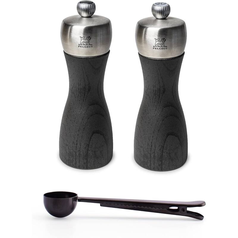 Peugeot Manual Salt & Pepper Mill, Gift Set - Adjustable Grinder - Beechwood and Stainless Steel, Graphite Finish, 6 Inch - Grey - 3 Piece