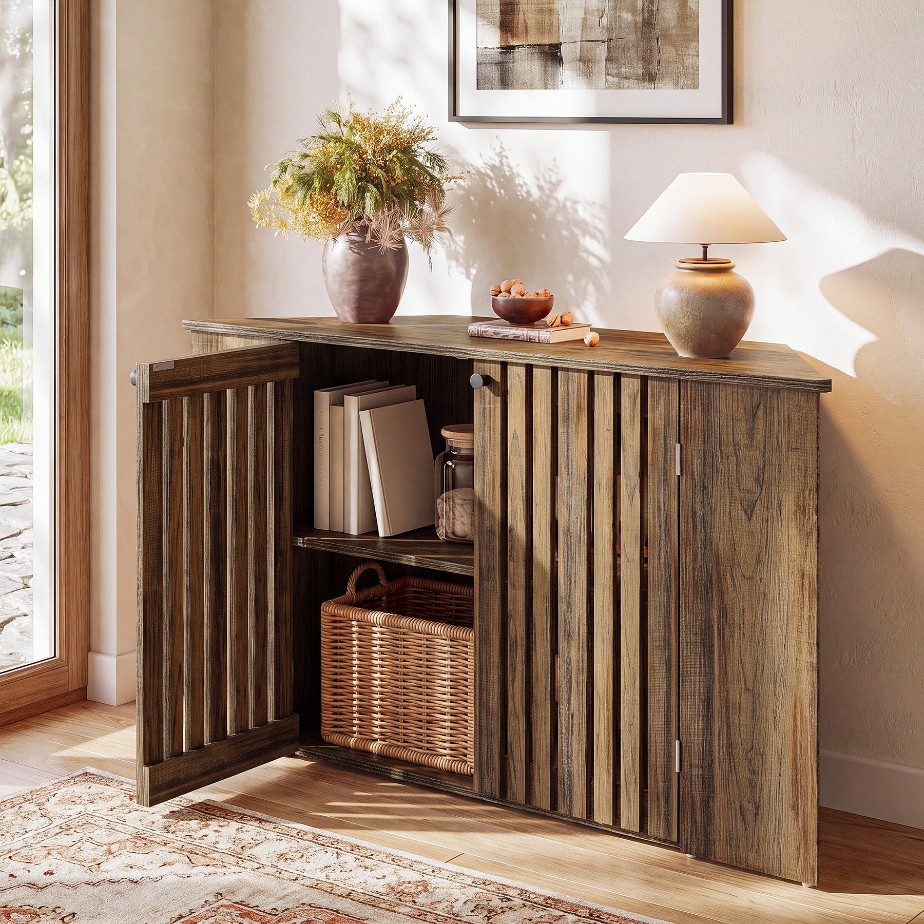 53" Fluted Console Table with Storage, Entryway Cabinet with Doors - 13.78"D x 53.15"W x 31.5"H