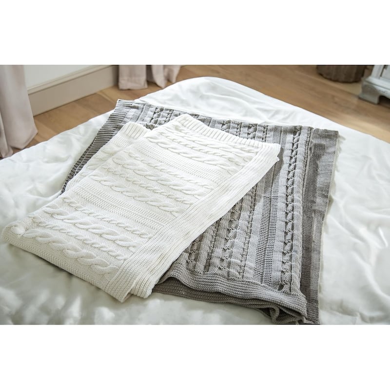 Delara Organic Cotton Throw Blanket 50x70 inches, GOTS Certified Cable Knitted Throws Blanket for Sofa Couch Bed, Baby Nursery