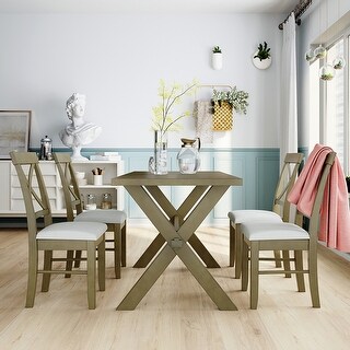 5pcs Farmhouse Rustic Wood Dining Table Set with 4 X-back Chairs - Bed ...