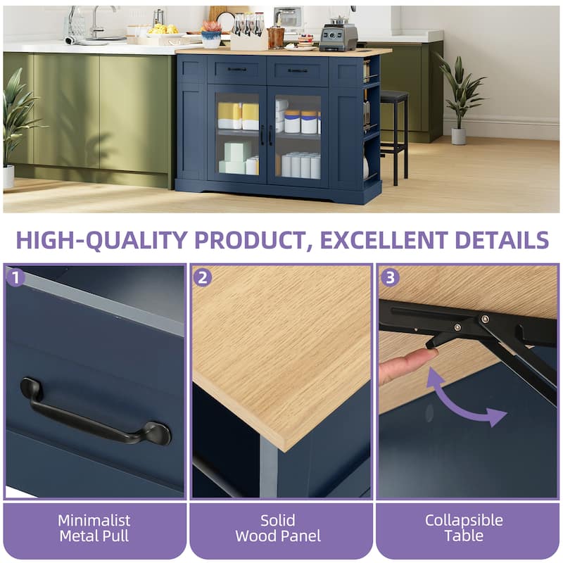 47 Inch Mobile Kitchen Island with 2 Seating Spaces Rolling Cart and Built-in Power Outlet for Convenient Storage and Dining