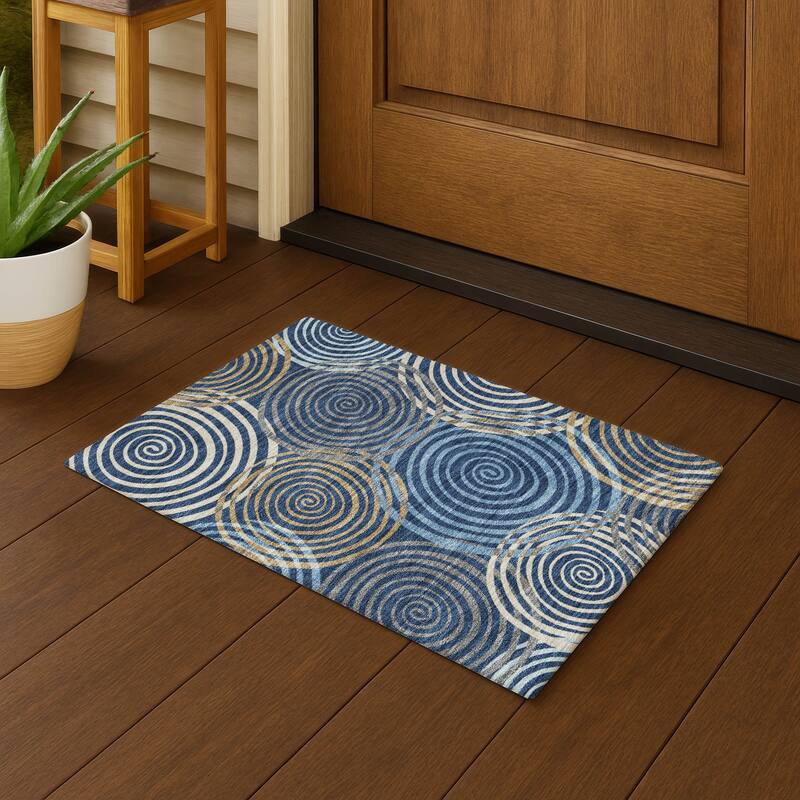 Machine Washable Indoor/ Outdoor Contemporary Swirls Chantille Rug - Navy - 1'8" x 2'6"