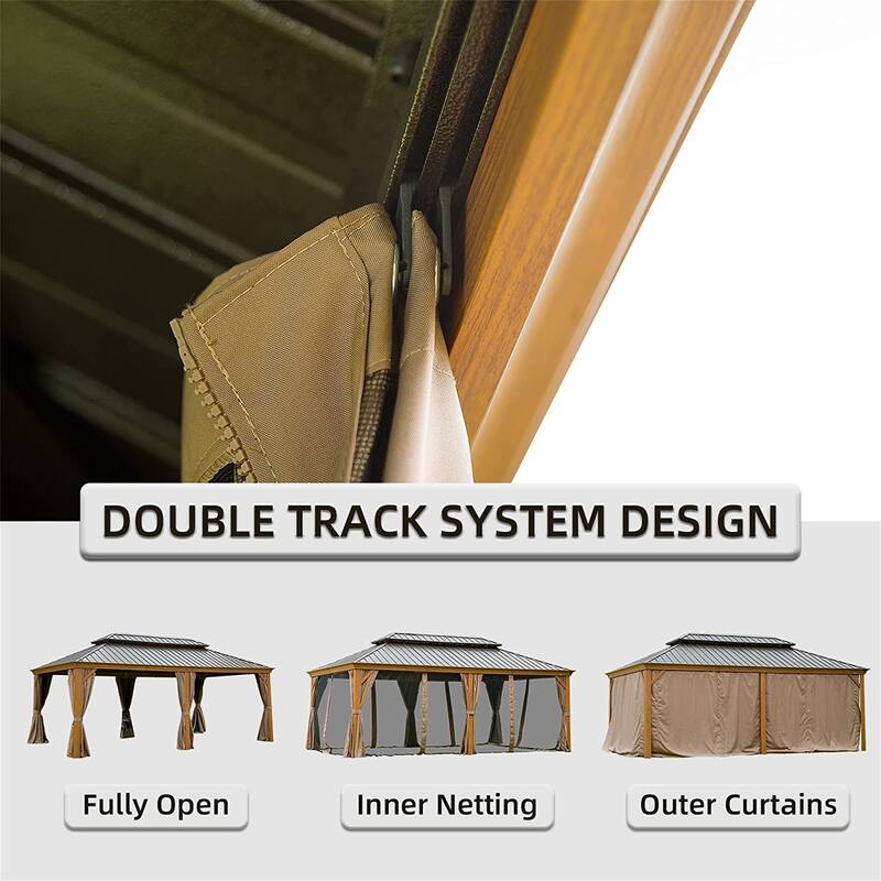 12'x18' Hardtop Gazebo with Wood-Look Aluminum Frame, Double Roof, Curtains & Netting for Outdoor Use