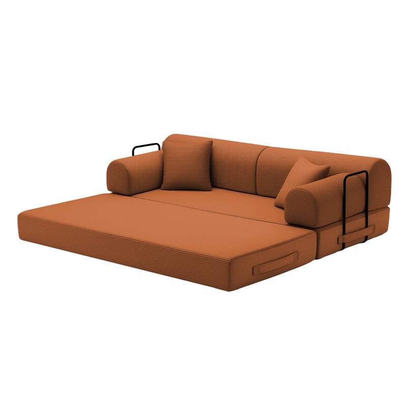 Convertible Sleeper Sofa Bed with Cylindrical Pillow, Corduroy Folding Mattress Couch with Fixed-Shape Frame for Bedroom