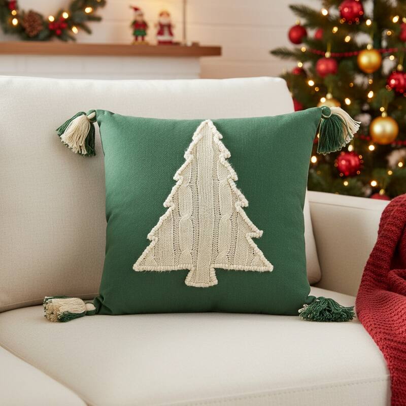 18" Green And Ivory Cotton Christmas Tree Throw Pillow with Tassels - Polyester - 18.00 in. x 18.00 in.  x 6.50 in. - Pillow Sets - Green/Ivory