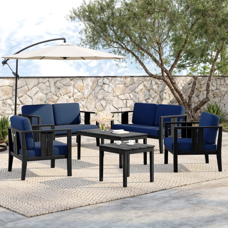 Teak Wood 6-Piece Outdoor Conversation Set with Table - Black frame - Navy/Black