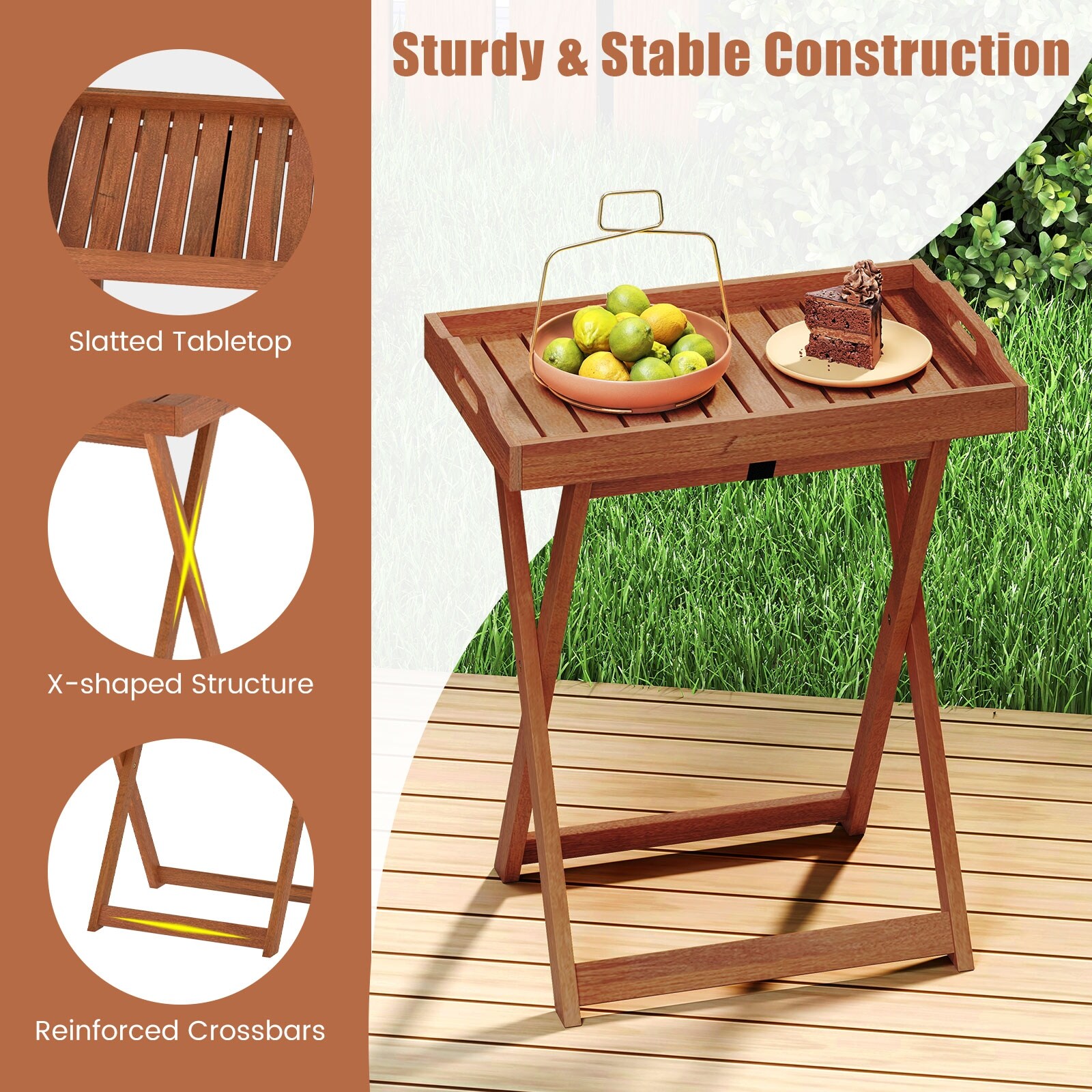 Gymax Patio Solid Wood Tray Table w/ Removable Top Rectangular TV