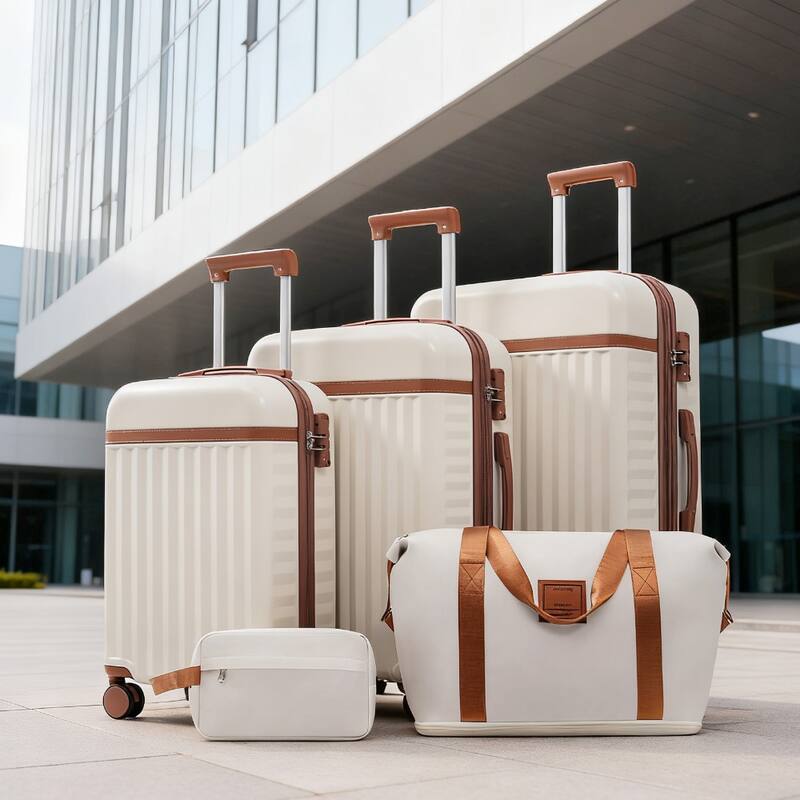 5-Piece Modern Hard-Shell Luggage Expandable Luggage with Spinner Wheels and TSA Lock, for Boarding Travel, Brown+White