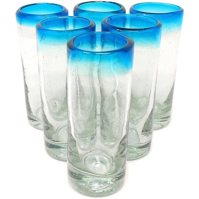 Dos Suenos Hand Blown Mexican Tequila Shot Glasses - Set of 6 Aqua Rim Tequila Shot Glasses (2 oz each)