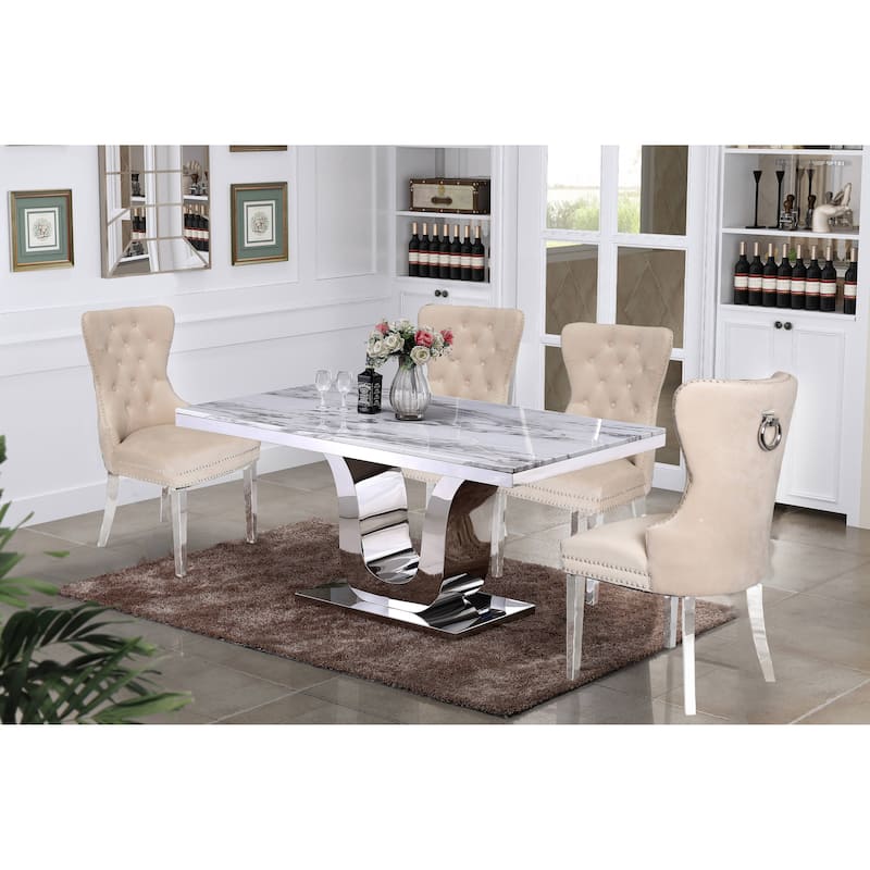 Best Quality Furniture 5-pc. White Genuine Marble Dining Set - Cream - 1 Table + 4 Chairs