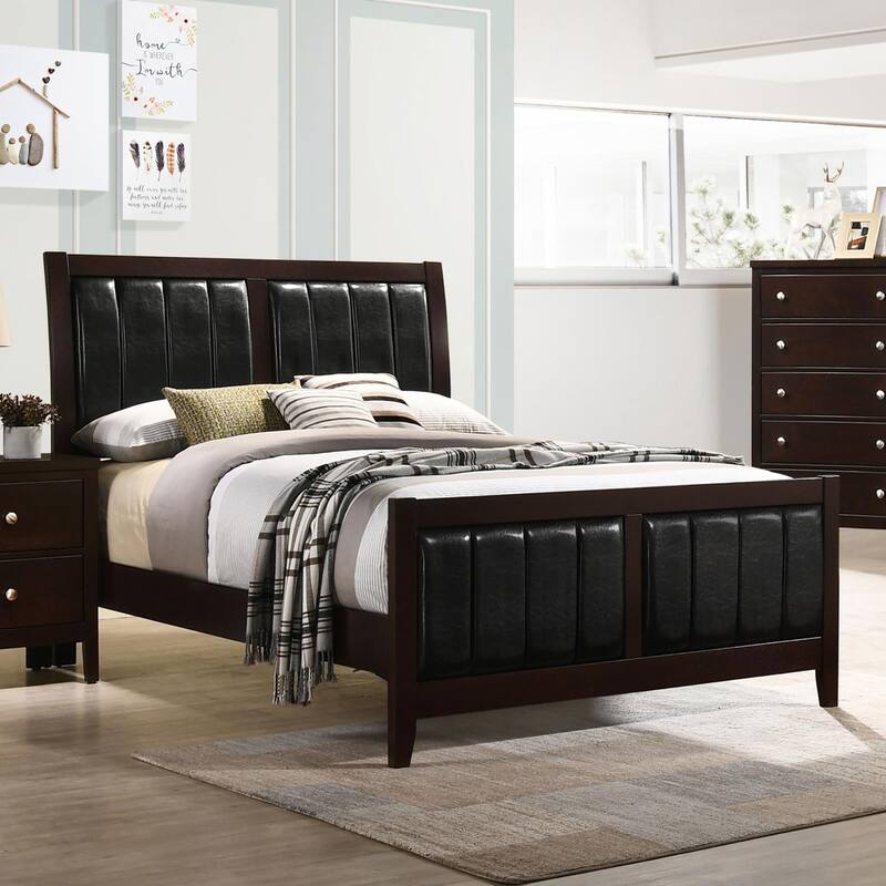 Modern Channeled Leatherette Panel Bed with Tapered Legs in Black and Cappuccino - Brown