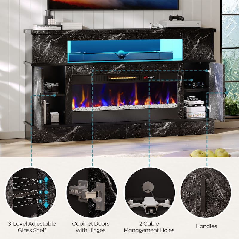 Bestier 63 in. White Marble Freestanding Electric Fireplace TV Stand Fits TV Up to 70 in. Entertainment Center with Cabinet