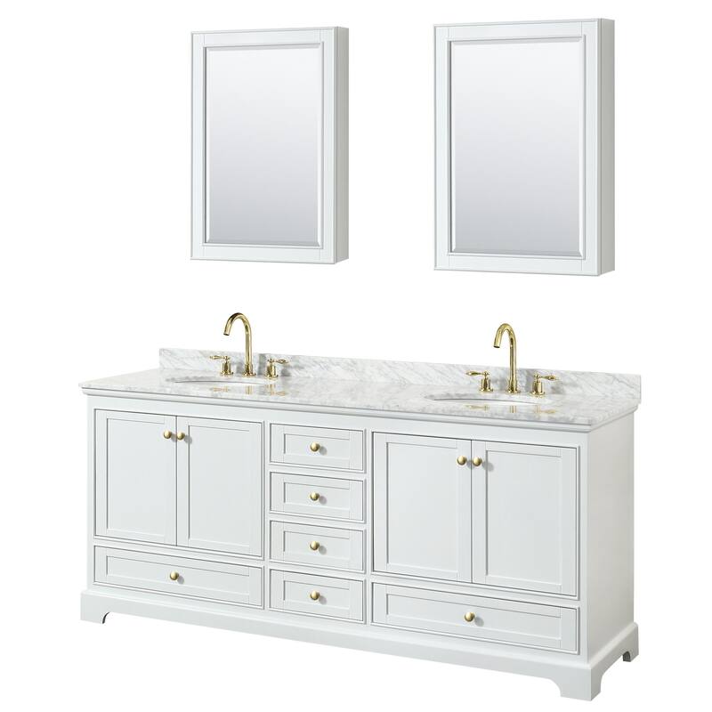 Wyndham Collection Deborah 80" Free Standing Double Vanity Set with - White / White Carrara Marble Top / Brushed Gold - Painted