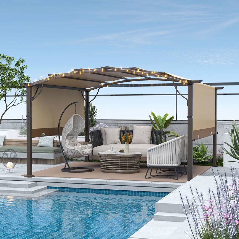 Aluminum Outdoor Pergola with Slightly Arched Canopy and Retractable Shade