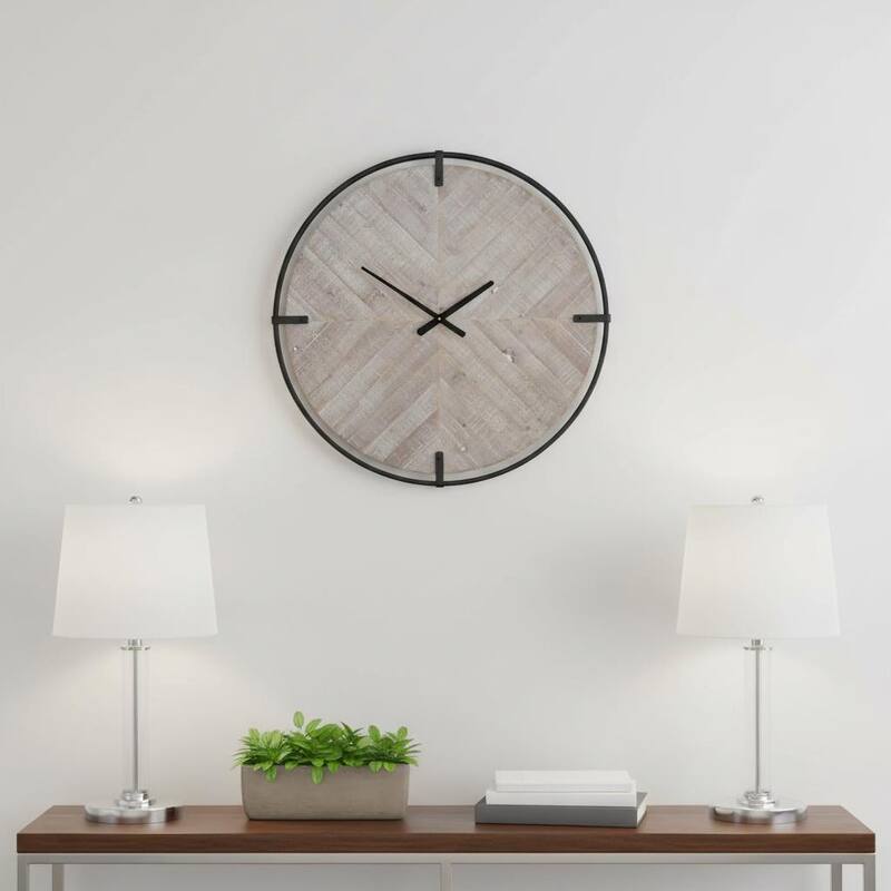 HomeRoots 33" Black And Natural Metal And Solid Wood Analog Distressed Round Wall Clock - 33.46 in. x 33.46 in. x 1.57 in. - 33.46 in. x 33.46 in.  x 1.57 in.