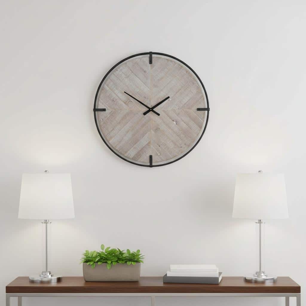 HomeRoots 33" Black And Natural Metal And Solid Wood Analog Distressed Round Wall Clock - 33.46 in. x 33.46 in. x 1.57 in.