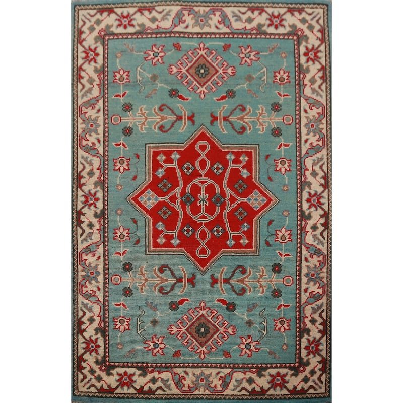 Geometric Kazak Foyer Rug Hand-Knotted Blue Traditional Wool Carpet - 2'8"x 4'0"