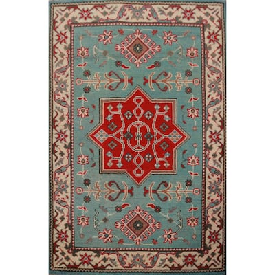 Geometric Kazak Foyer Rug Hand-Knotted Blue Traditional Wool Carpet - 2'8"x 4'0"