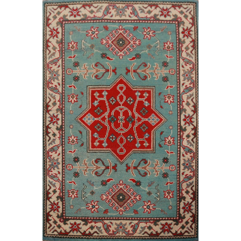 Geometric Kazak Foyer Rug Hand-Knotted Blue Traditional Wool Carpet - 2'8"x 4'0"