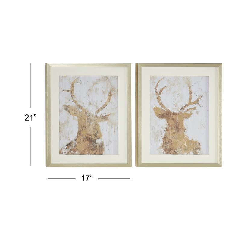 White Polystone Deer Home Wall Decor with Silver Frame (Set of 2)