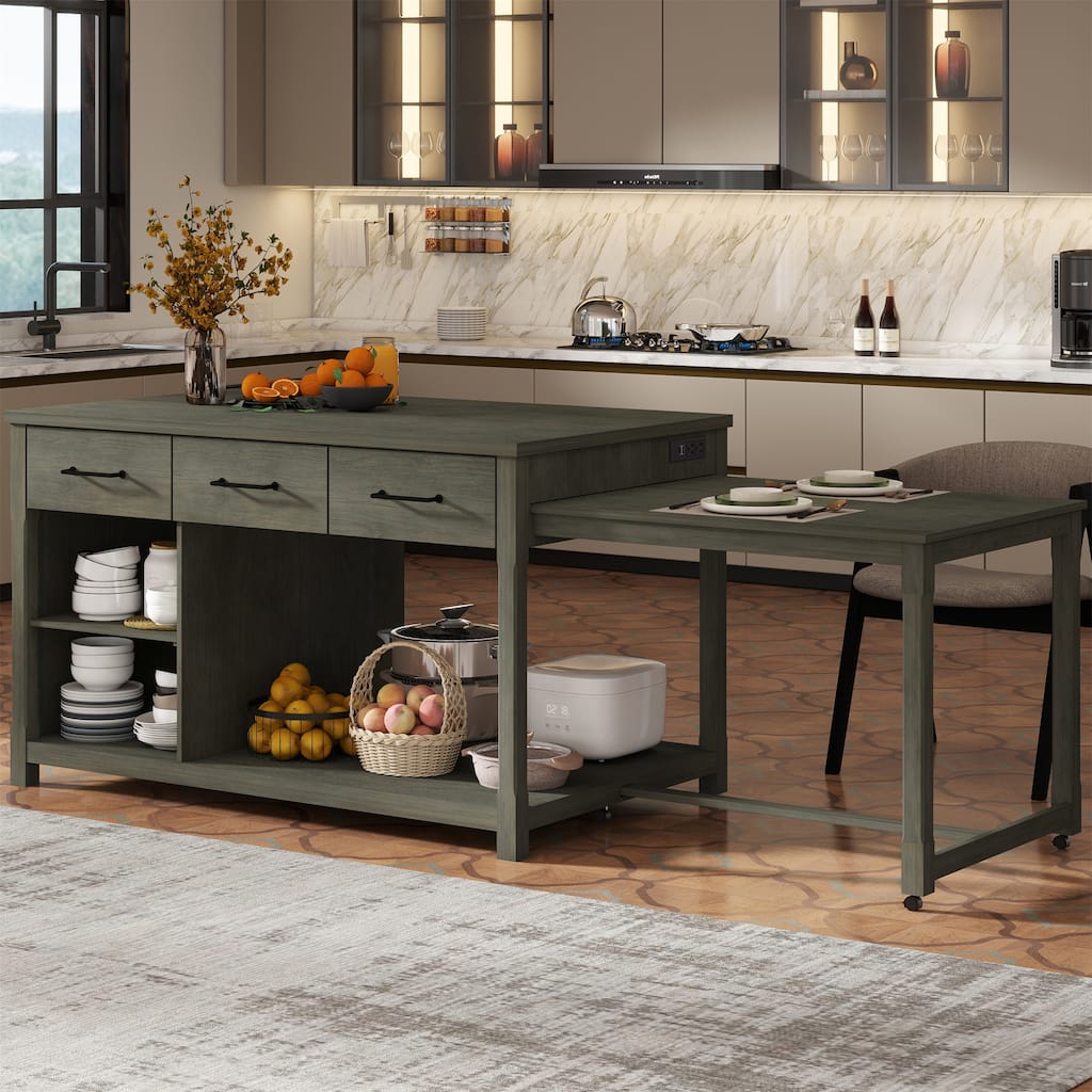 Extendable Kitchen Island with Built-In Power Outlets and Open Shelves