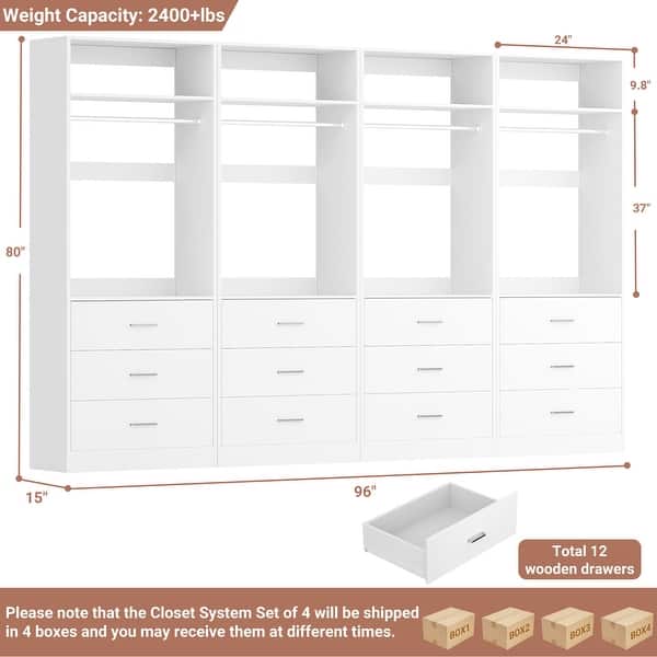 dimension image slide 10 of 11, Kyrvo Freestanding Closet System with 3 Wooden Drawers and Hanging Rod and Storage Shelf, Walk-in Closet Organizer Wardrobe
